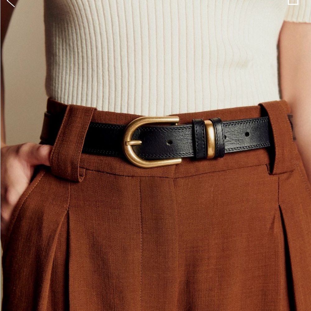 Sezane Taylor Black Leather Belt with Gold Buckle
